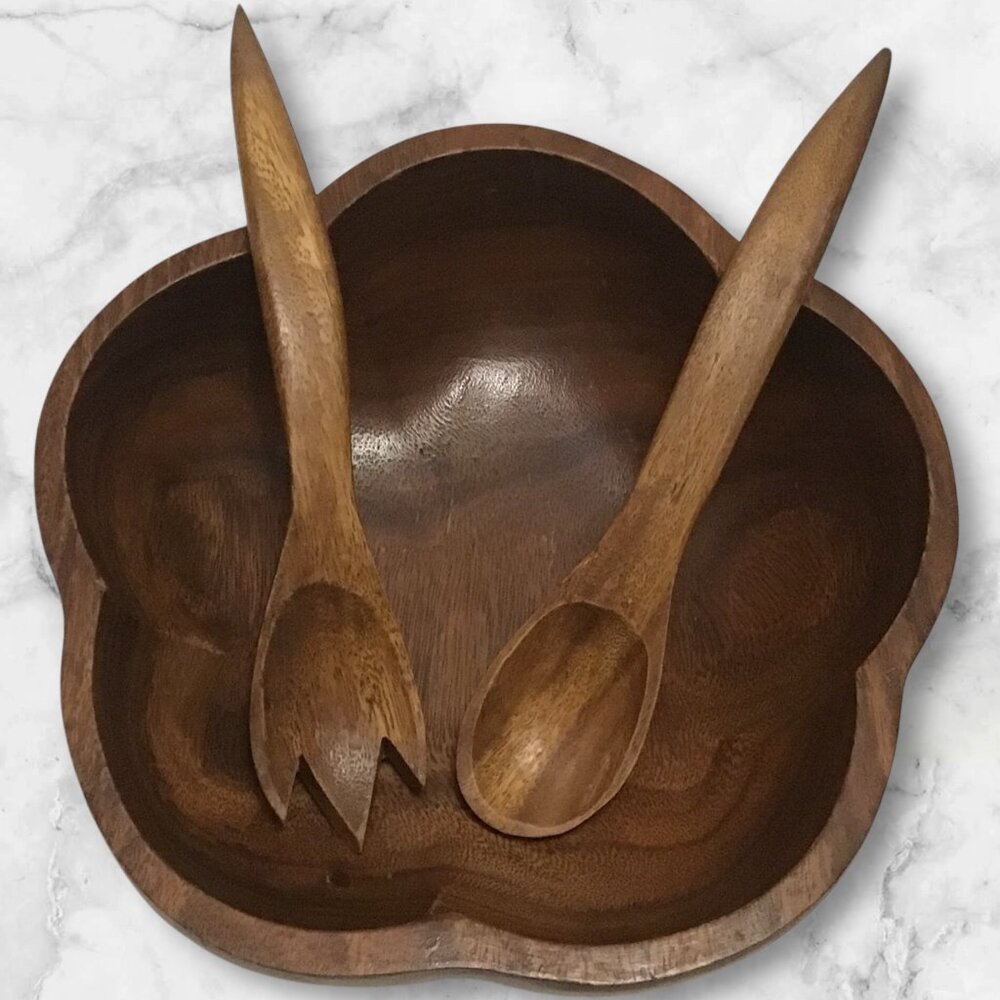 Vintage Wooden Salad Serving Bowl with Wood Tossing Spoon Fork MCM Carved